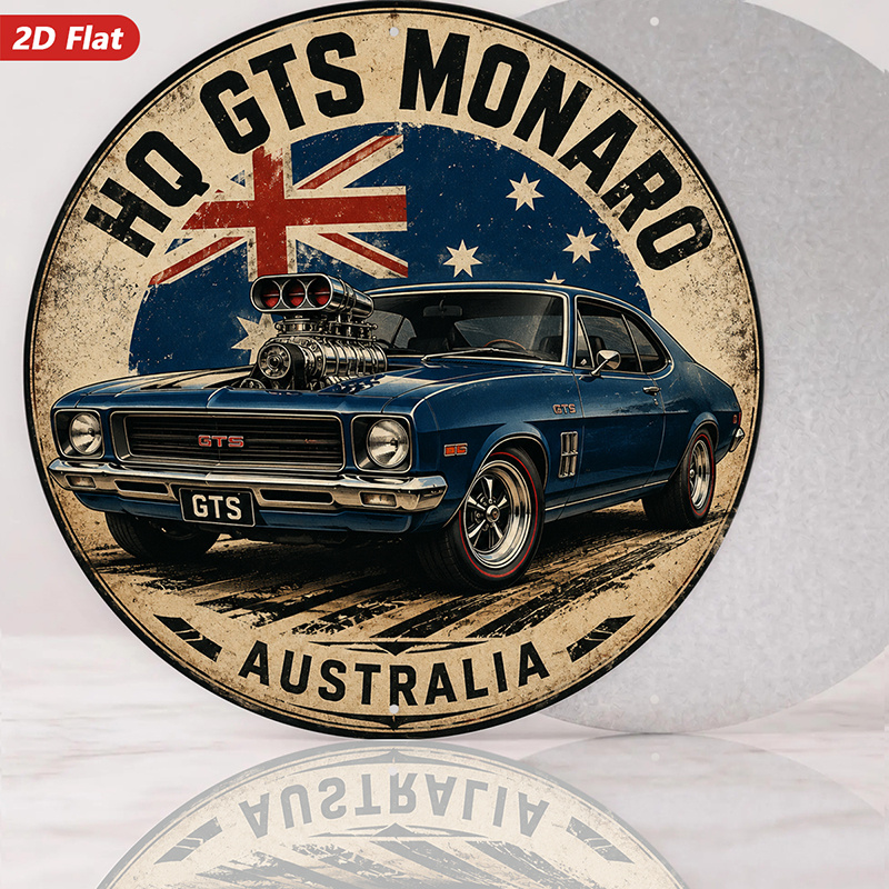 TEMU 2d Flat, 1pc Classic Muscle Car Round Metal Sign Wall Art, Suitable For Dining Room Living Room, Ho Gts Text, Blue Vintage Coupe, Hood Engine,