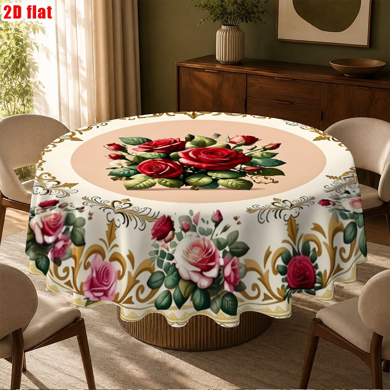 TEMU Party Tablecloth/round Tablecloth 1pc, Elegant Dining Round Tablecloth Featuring Red And Pink Roses With Golden Accents, Classic Vintage For