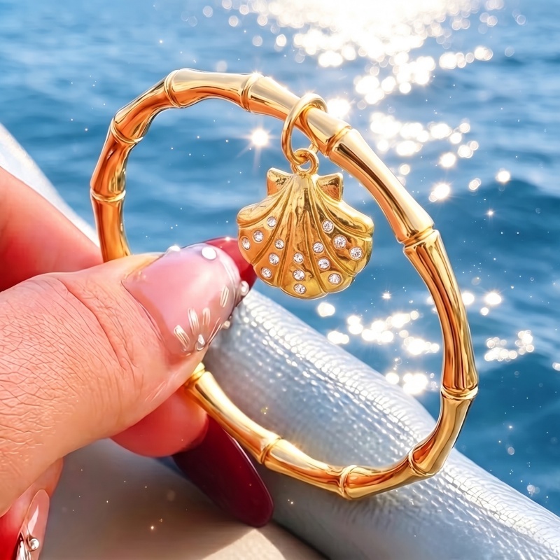 Women's 18K Gold Plated Bamboo Bangle Bracelet, Starfish Charm