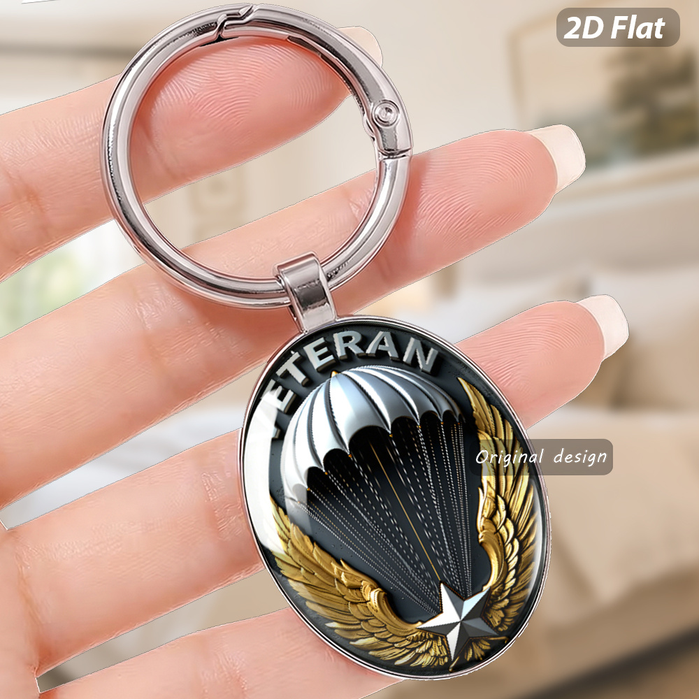 TEMU Plat 2D, 1 pièce Porte-clés ovale plat 2D, Porte-clés de style militaire sur le thème "Parachute et Ailes", avec texture d'impression numérique