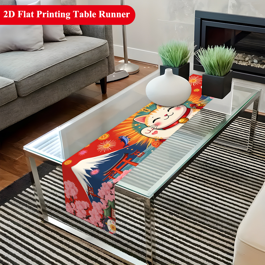 TEMU Chemin de table à thème 1 pièce pour table à manger, chat et avec , décoration rectangulaire de printemps en tissu sergé/Platteband pour table