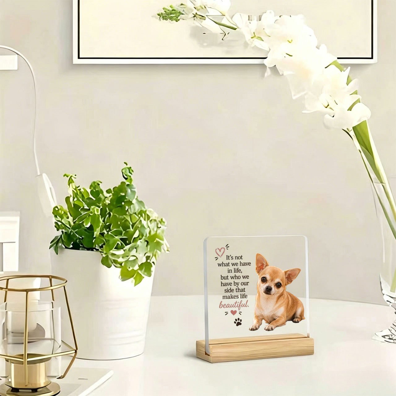 TEMU 1pc Chihuahua Dog With Heart Text Decorative Ornament, Slogan Ornament, Warm And Inspirational Slogan, Acrylic Ornament With Wooden Base,