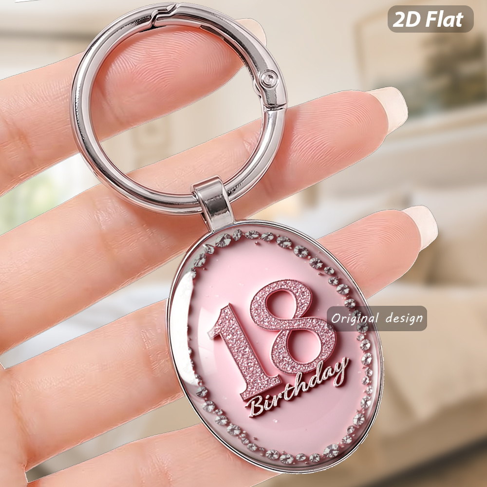 TEMU 1pc 2d Flat Oval Keychain, Luxurious , Sparkling Diamond 18 Number Pattern And Pink Glossy Texture, Happy 18th Birthday Handwritten Font,