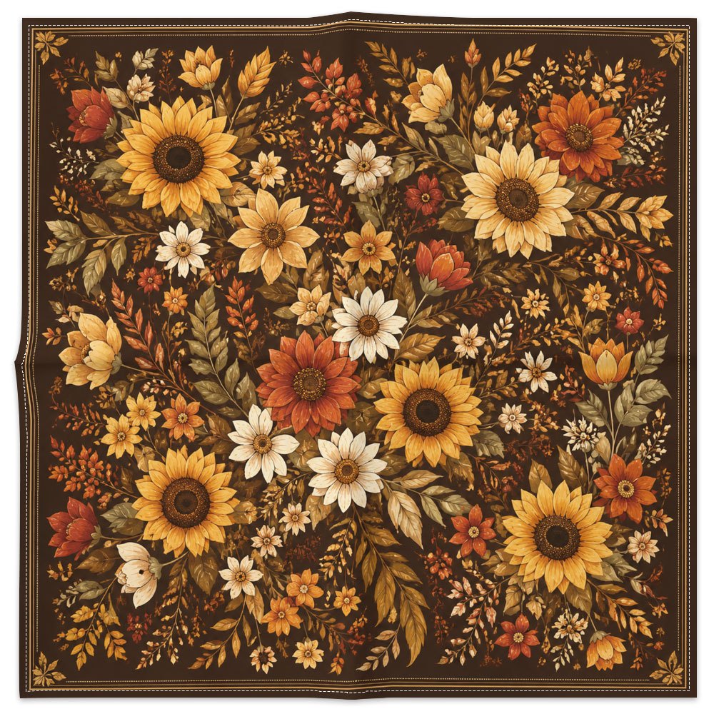 TEMU 1pc Square Scarf Vintage Sunflower Floral Pattern Scarf, Dark Brown Background With Autumnal Warmtoned Flowers And Leaves, Suitable For Daily