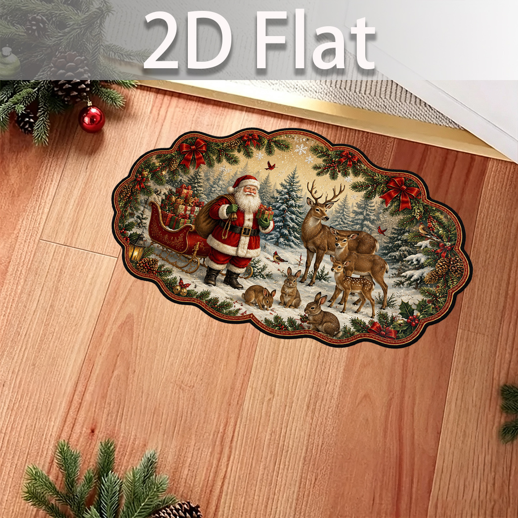 TEMU Tapete 2D con estampado de de Papá Noel y reno, decoración navideña, felpudo antideslizante para uso doméstico, para múltiples como entradas,