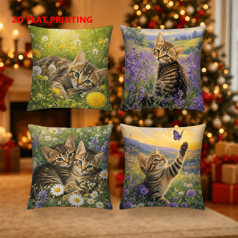 TEMU 4pcs Set, 2d Flat Printing, Kitten Print Pillowcases For Living Room Sofa Cushions, Single-sided Print, Polyester Material, Multiple Sizes,