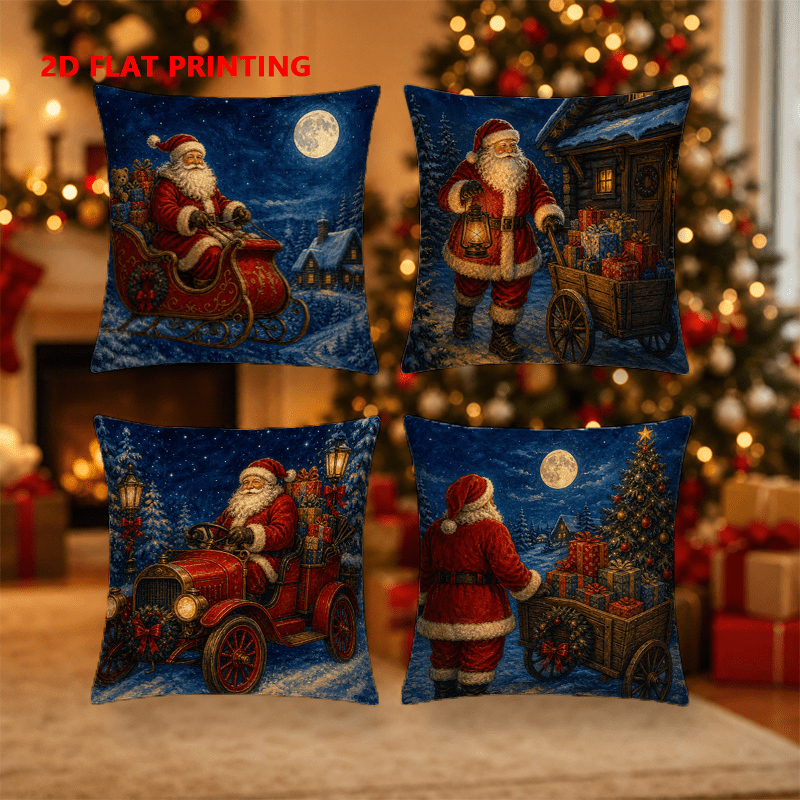 TEMU 4pcs Set, 2d Flat Printing, Vintage Santa Claus Christmas Style Pillowcases, Single-sided Print, Polyester Material, Multiple Sizes, Zipper