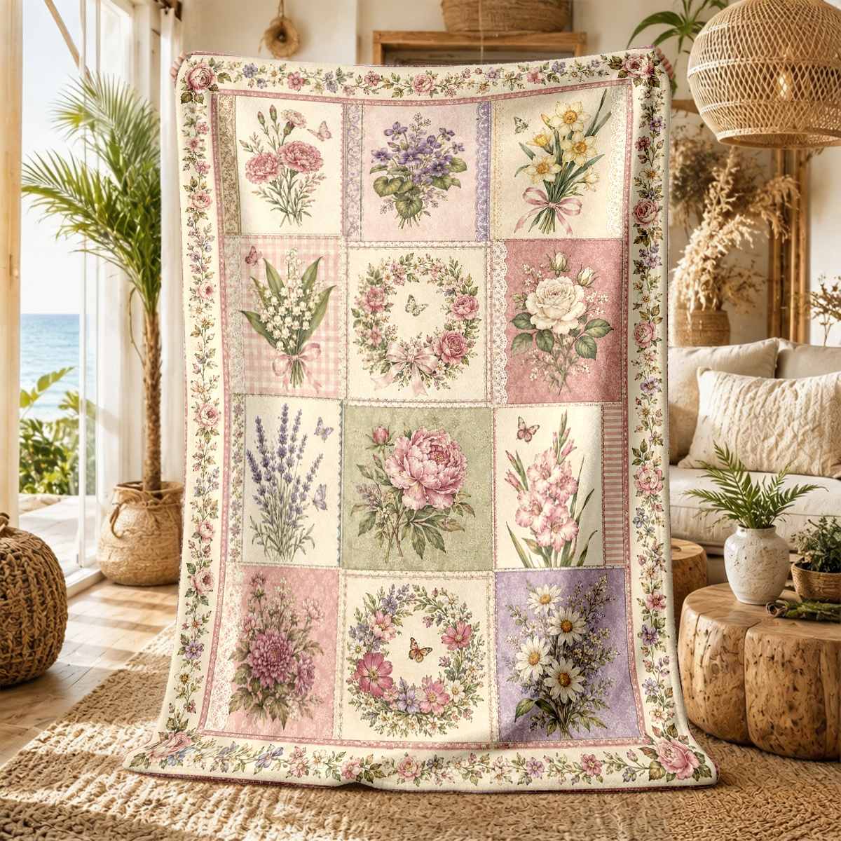 Image of 1pc Cream With Flower Baskets And Panels Throw Blanket, Sofa,, Office, And Travel For , Cozy , And Everyday Relaxation, Thoughtful Gift For , Family, And Home-decor Lovers