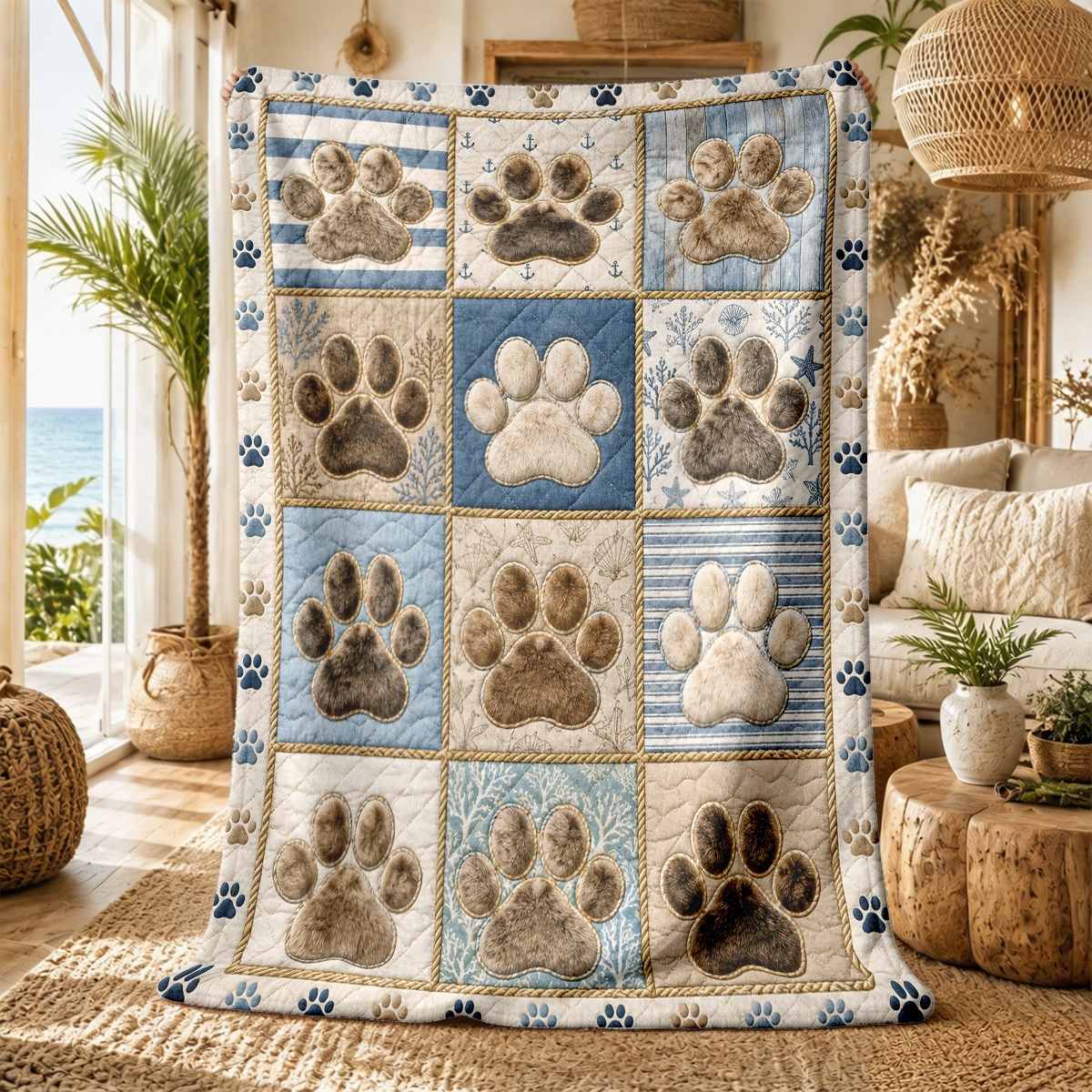 Image of 1pc Blue And Beige Paw Print Throw Blanket, Sofa, Bed, Office, And Travel For , Cozy , And Everyday Relaxation, Thoughtful Gift For , Family, And Home Decor Lovers