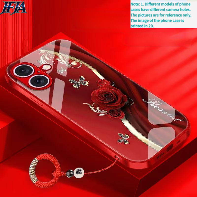 TEMU Phone Case - Light Luxury Paint Glass With Ring Hanging Rope Phone Case Suitable For Iphone 16/16 Pro/16 Plus/16 Pro Max/ Pro/15 Pro Max/14/14