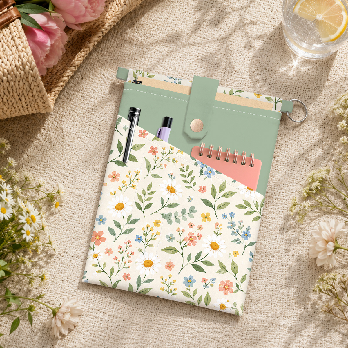 TEMU Estuche para bolígrafos de 1 pieza de fibra de poliéster con estampado floral de margaritas, para libros con broche a presión verde, bolsa