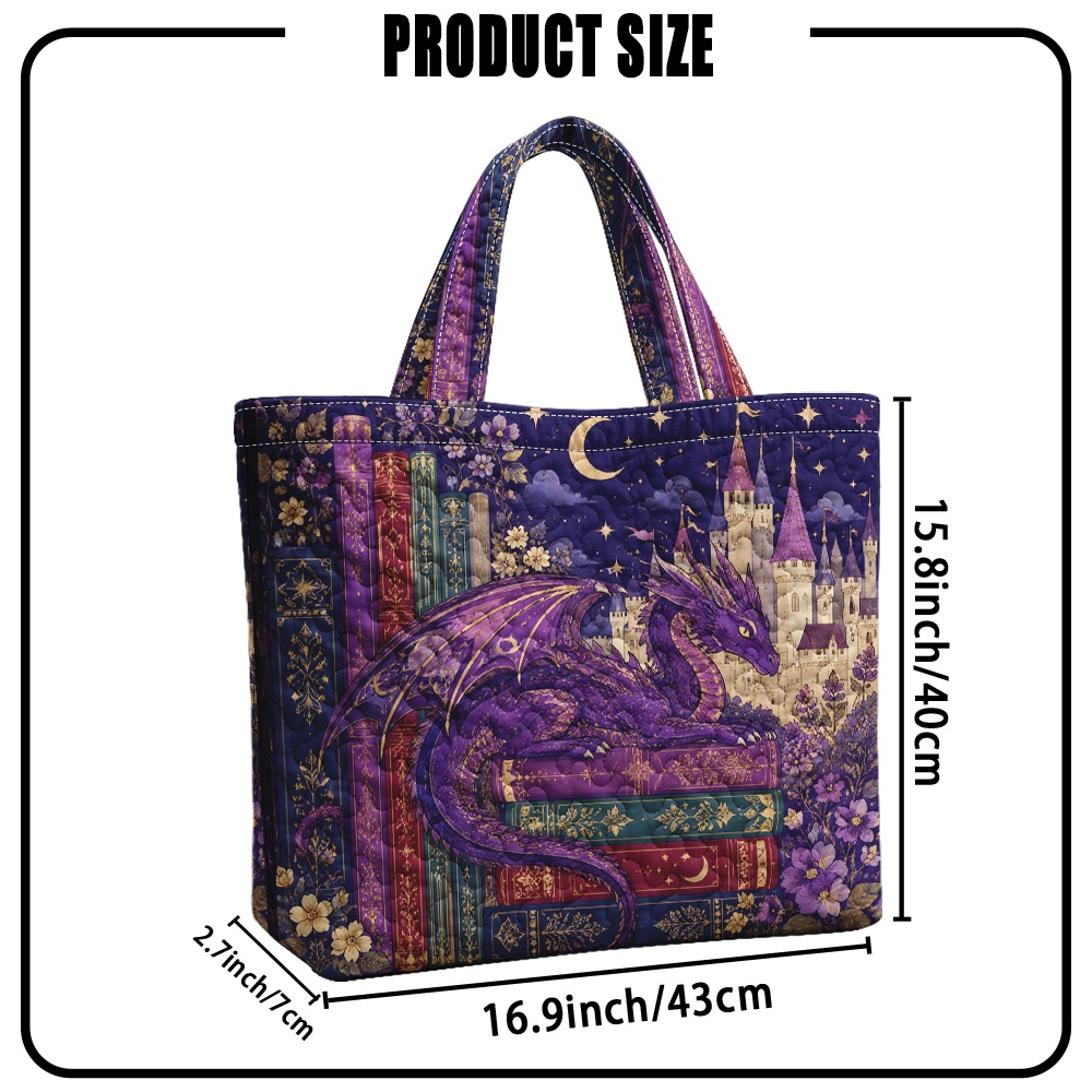 TEMU 2d Flat, 1pc Quilted Tote Hand Bag Purple Dragon Books Printed (not Embroidery). Large Capacity, Reusable Suitable For Shopping, Daily Commutes,