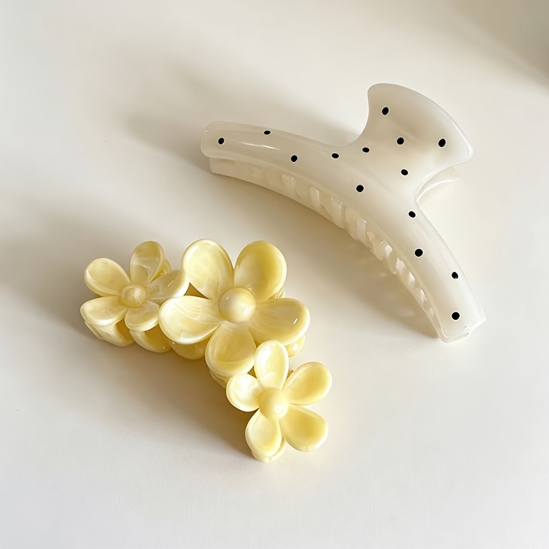 TEMU 2pcs Cream Yellow Gradient Three-flower Claw Clip, French Polka Dot Shark Clip, Gentle Atmosphere Hair Clip, A Magical Tool For Styling Hair At