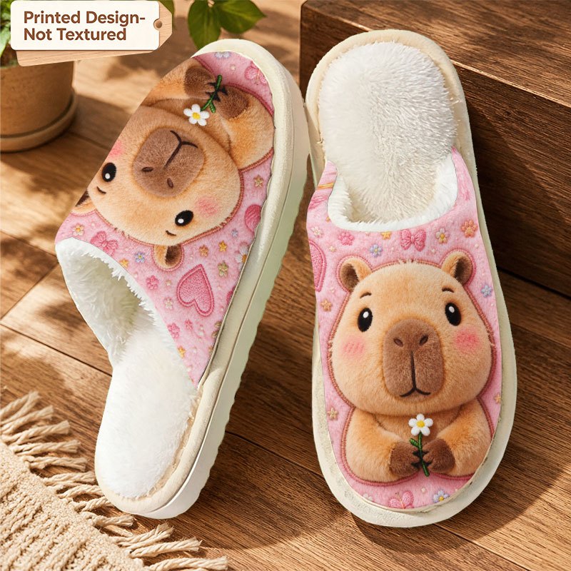 TEMU [printed Design - Not Textured] Cute Capybara Holding A Bouquet With Heart-shaped Flowers Pattern Print Men's And Women's Home Slippers,