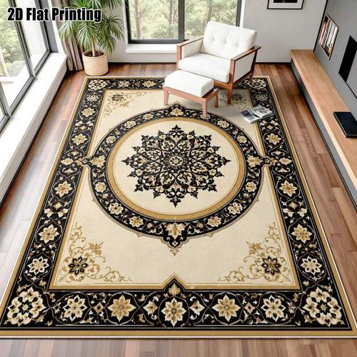 item picture 1pc 850g m velvet 2d printed carpet black golden floral geometric pattern carpet european style carpet retro carpet modern easy carpet style floor decor multiple sizes machine washable suitable for door mats