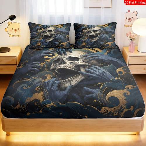 2 3pcs 2d flat printing fitted sheet gothic horror black blue golden skeleton hands ocean waves print pattern text for bedroom decor 1 fitted sheet 1 2 pillowcases without core 2d flat