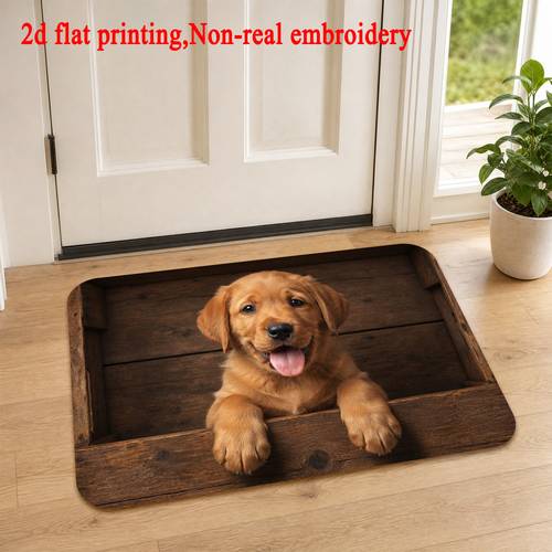 item picture 1pc 2d flat printing 3d visual golden retriever puppy wooden frame entrance doormat colorful non slip machine washable mat suitable for home decor entrance hall bathroom and balcony 2d flat