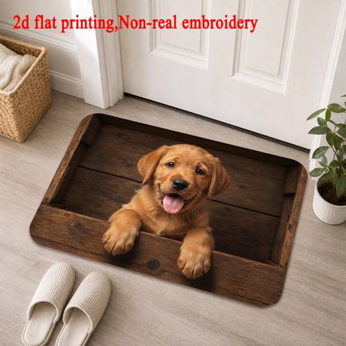 1pc 2d flat printing 3d visual golden retriever puppy wooden frame entrance doormat colorful non slip machine washable mat suitable for home decor entrance hall bathroom and balcony 2d flat