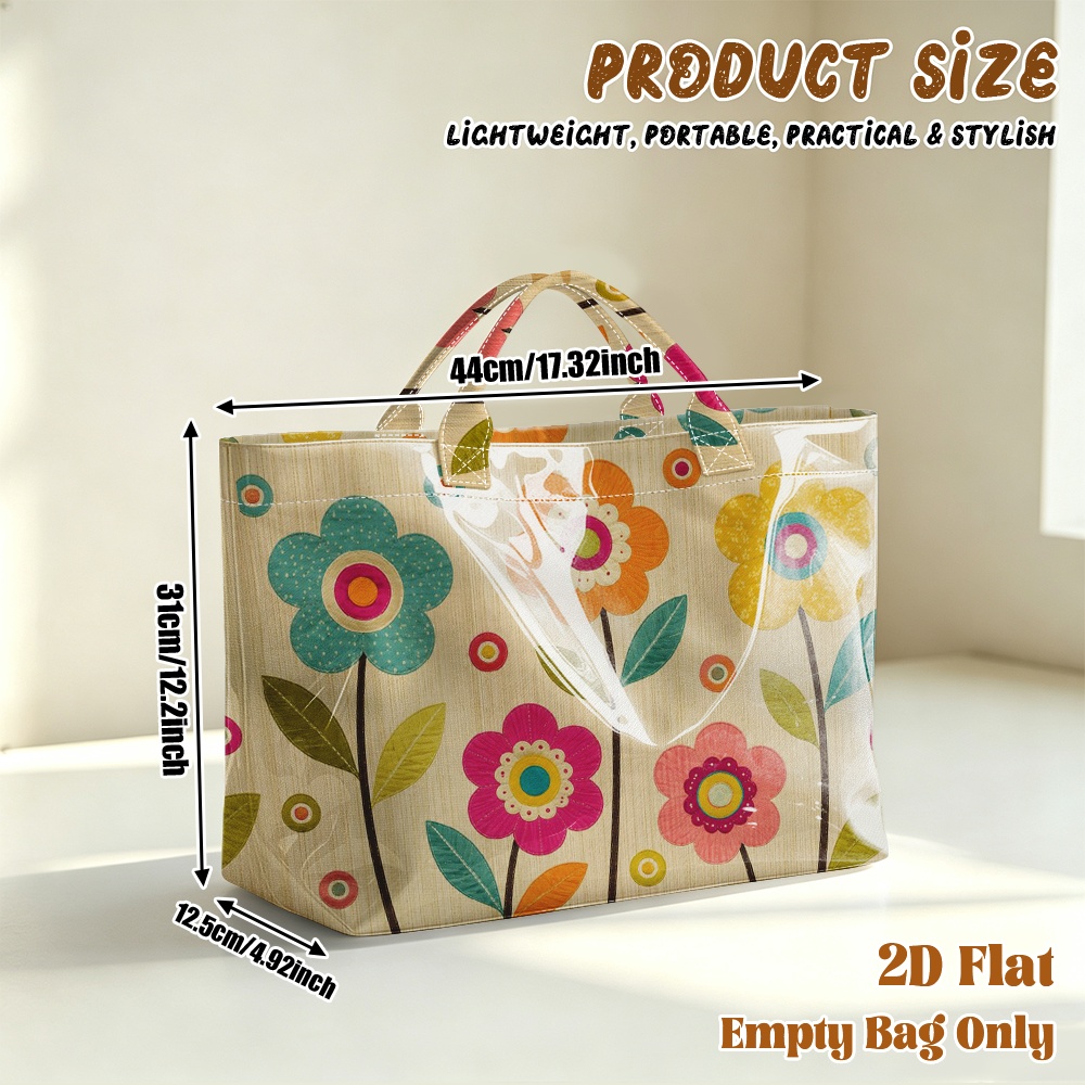 TEMU 1pc Grocery Bags Gift Bags 2d Flat Printing Colorful Pattern Glossy Pvc Large Capacity Travel Tote Bag Casual Portable Shopping Bag, Student