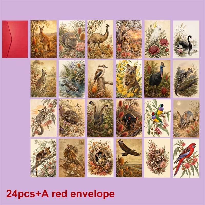 TEMU 24-pack And A Red Envelope Exquisite Australian Wildlife Postcard Set Featuring Local Animals And Birds For Holiday Greeting Vintage Art