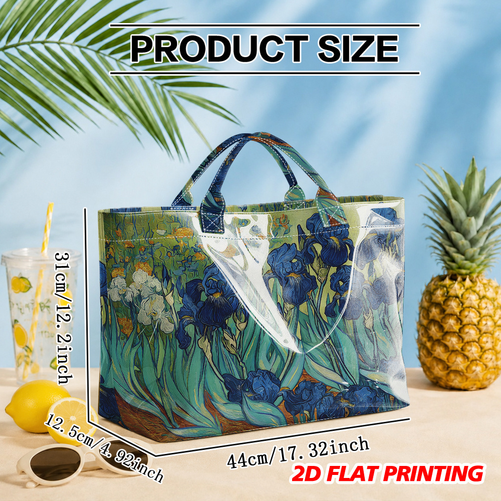 TEMU 1pc 2d Flat Van Gogh Blue Irises Painting Design Clear Pvc Tote Bag, Reusable Grocery Bags Fashionable Lightweight Beach Bag For Summer Travel,