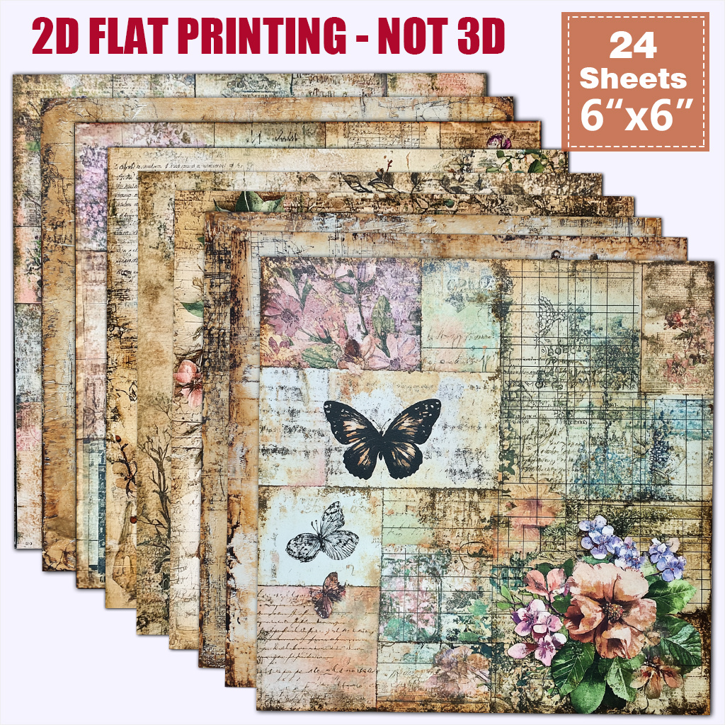 TEMU 24 Unique 2d Flat Mini 6x6 Inch Vintage Floral Scrapbooking Paper, European Nostalgic Old Collage, Distressed Printed Base Paper With Vintage