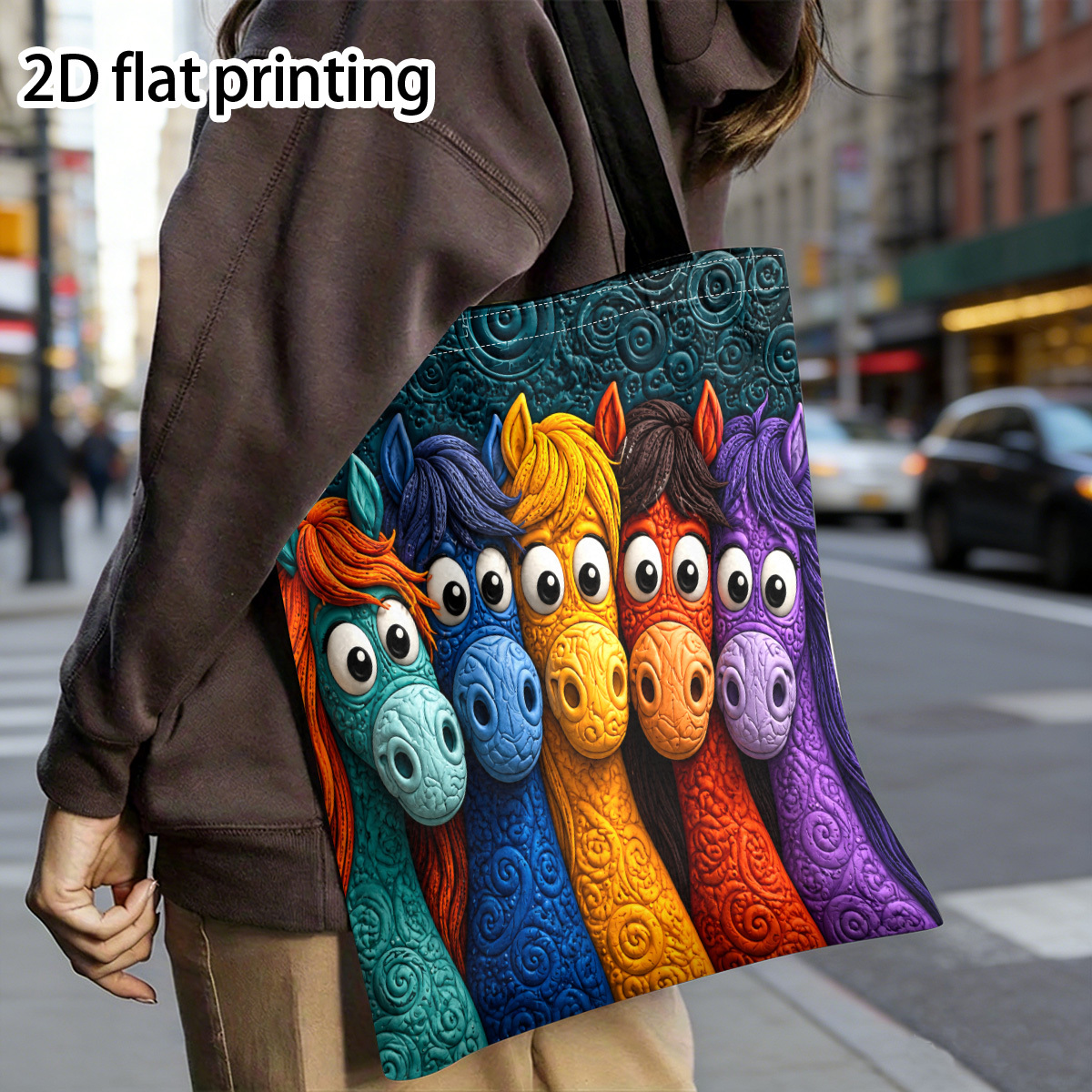 TEMU 2d Flat Printing Colorful Horse Head Cartoon Shoulder Bag Suitable For Outdoor And Shopping Tote Bag Family Gatherings Holiday Events Gifts For