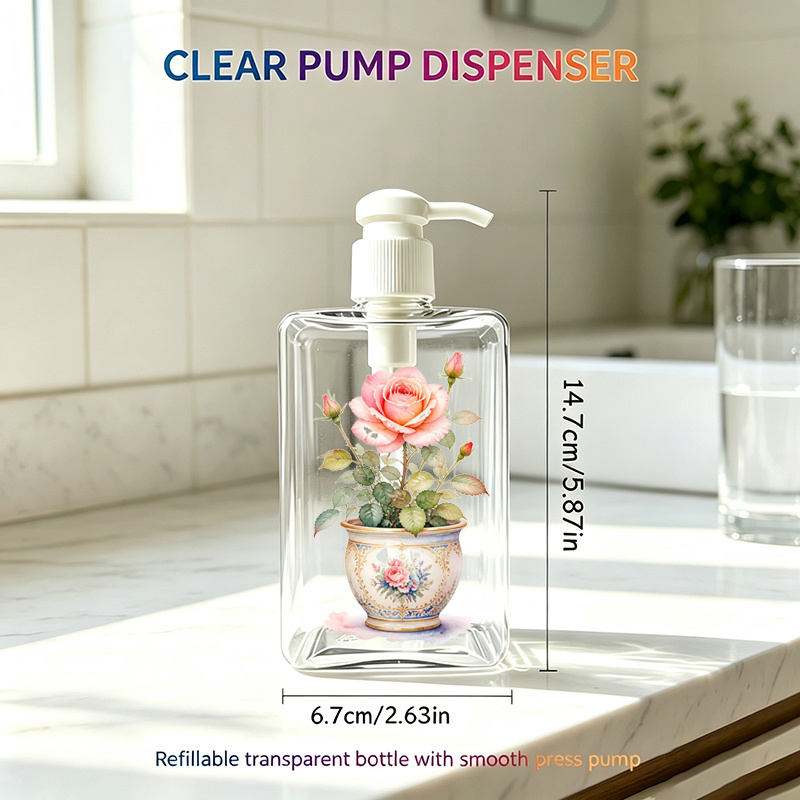 TEMU 2d Flat, 1pc, Watercolor Porcelain Pink Rose Basin Ornament 280ml, Refillable Liquid Pump Dispenser, Suitable For Hand Soap/shampoo/body Wash,