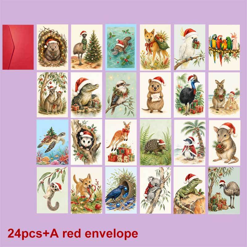 TEMU 24-pack And A Red Envelope Adorable Australian Wildlife Christmas Postcard, Wearing Festive Hats With Merry Christmas Text, , Holiday Watercolor