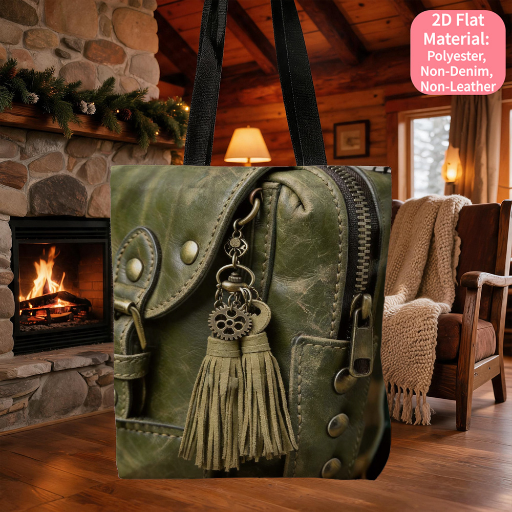 TEMU Women' Handbag, Non, Open Top Without Zipper, Vintage Green With Tassel Pendant, 2d Flat Printed. A Great Companion For Reading- Leisure , 2d