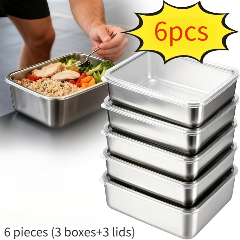 TEMU 6pcs Set (3 Lids + 3 Containers) Stainless Steel Food Storage Containers, Square Sealed Lunch Boxes, Metal Bento Set For Kitchen/fridge/outdoor