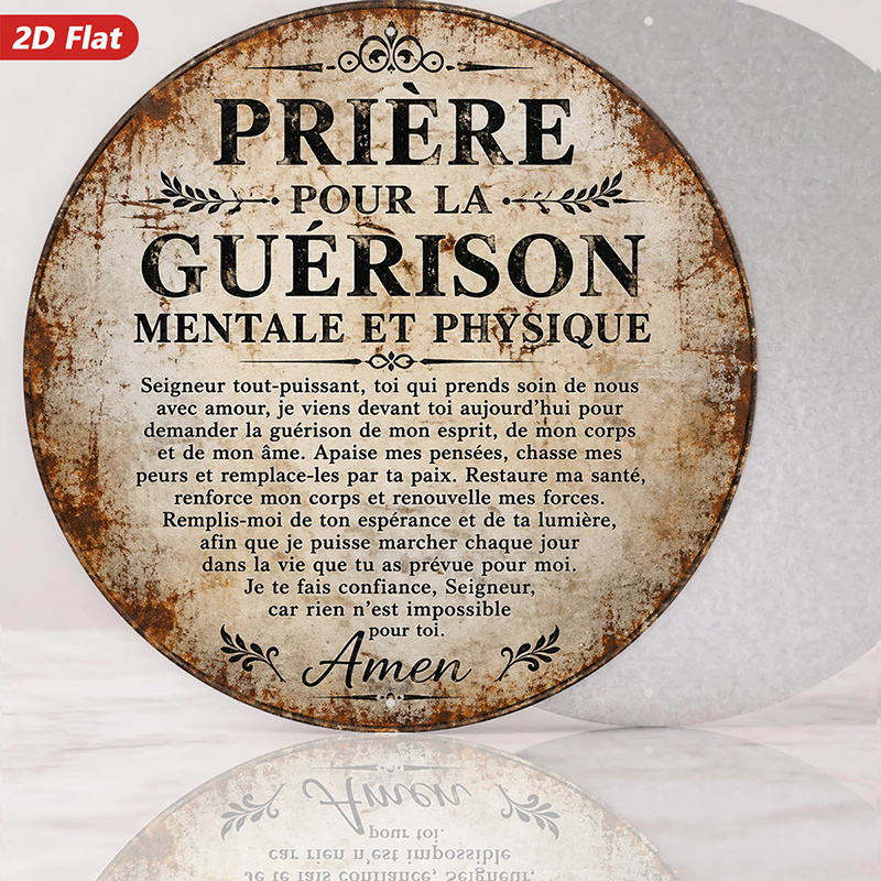 TEMU Plaque Murale Ronde en Métal 2D Plat, 1 pièce, Prière de Guérison, Typographie de Prière Française, Cercle Vintage Usé, Décoration d'Intérieur,