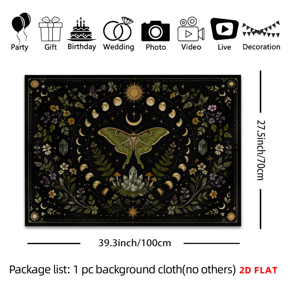 TEMU 2d Flat, 1pc Horizontal Moth Tapestry Wall Hanging - Bohemian Nature Art With Moth & Celestial Patterns, Fabric Suitable For Living Room,