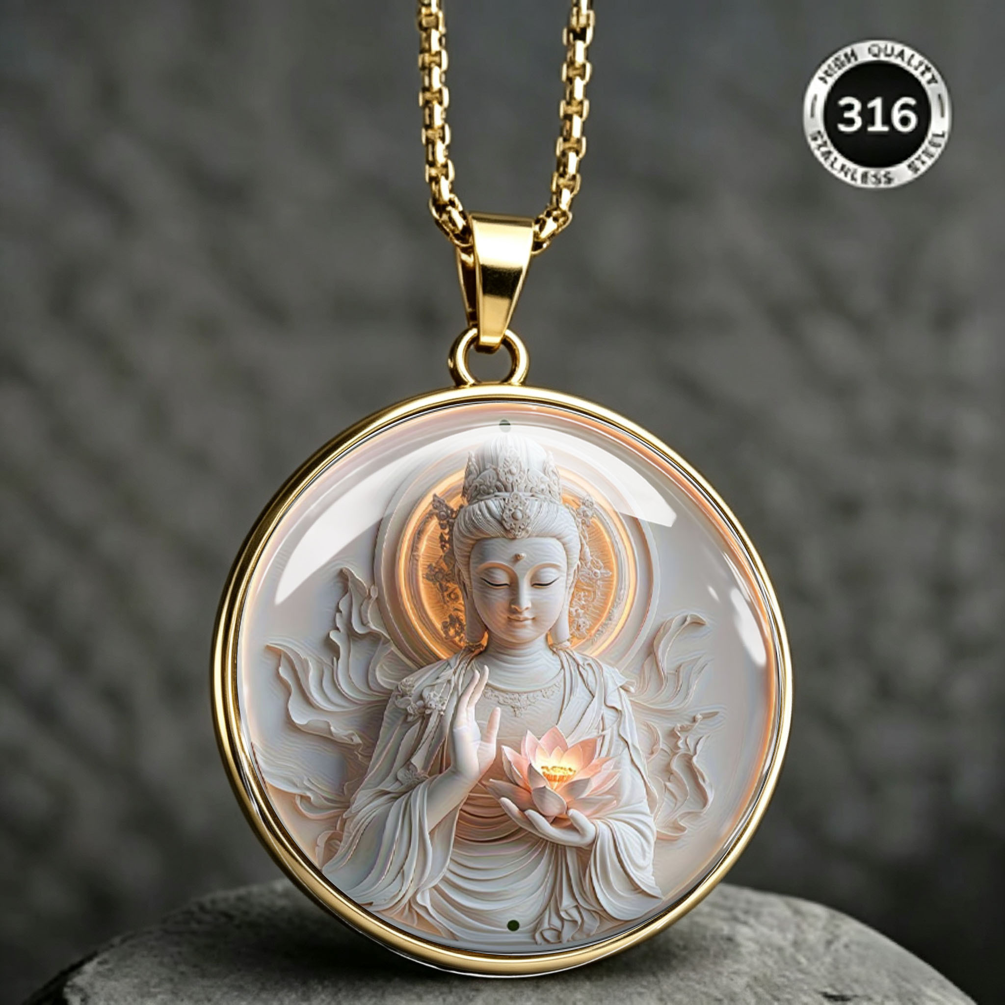 Exquisite Flat Guanyin Lotus Pattern Men's Stainless Steel Necklace