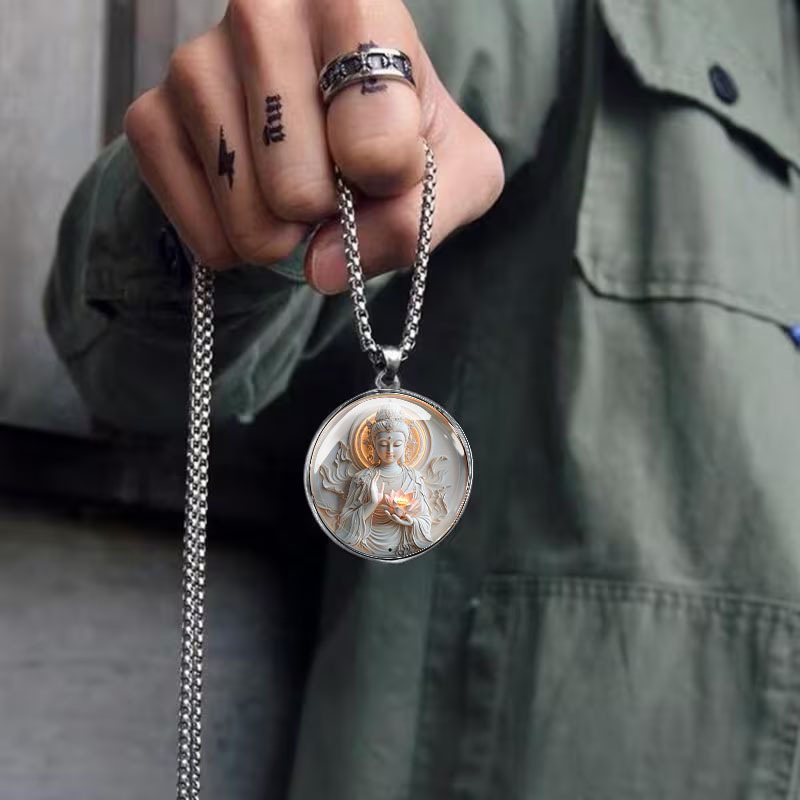 Exquisite Flat Guanyin Lotus Pattern Men's Stainless Steel Necklace