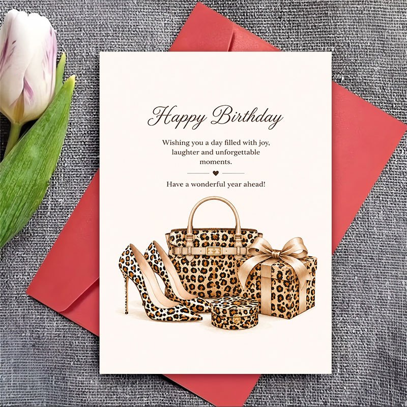 TEMU 1 Greeting Card + 1 Envelope. 2d Flat. 1 Envelope, 1 Card. Elegant Leopard Print Women's Birthday Greeting Card. Stylish Flat Note Card. A