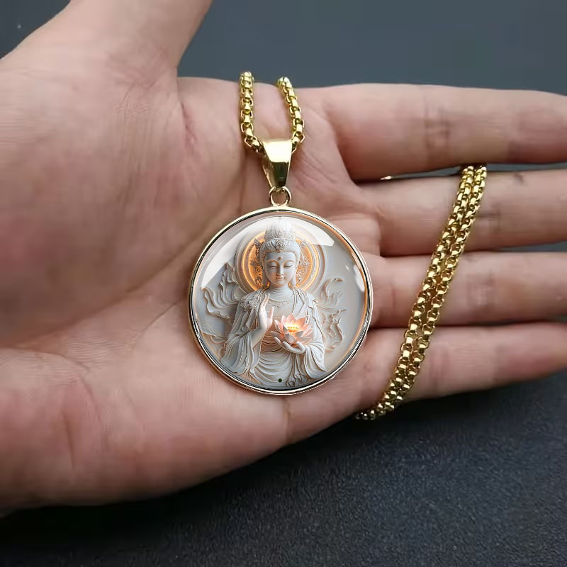 Exquisite Flat Guanyin Lotus Pattern Men's Stainless Steel Necklace