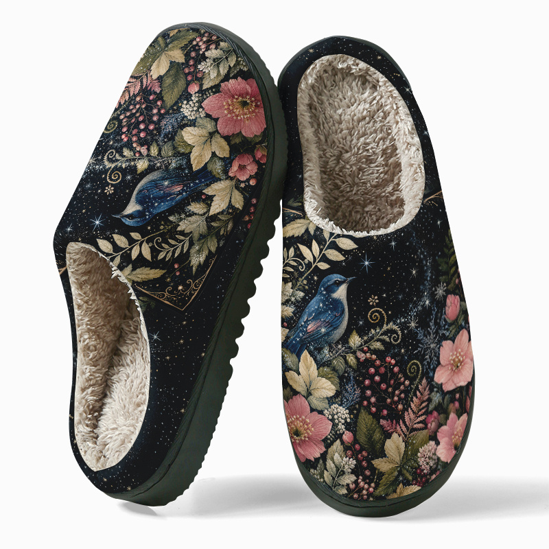 TEMU [new Style] Unisex Adult Slippers, Plush Thickened Tpr Hard Sole, Retro Starry And Birds European Print, Comfortable Warm Thickened