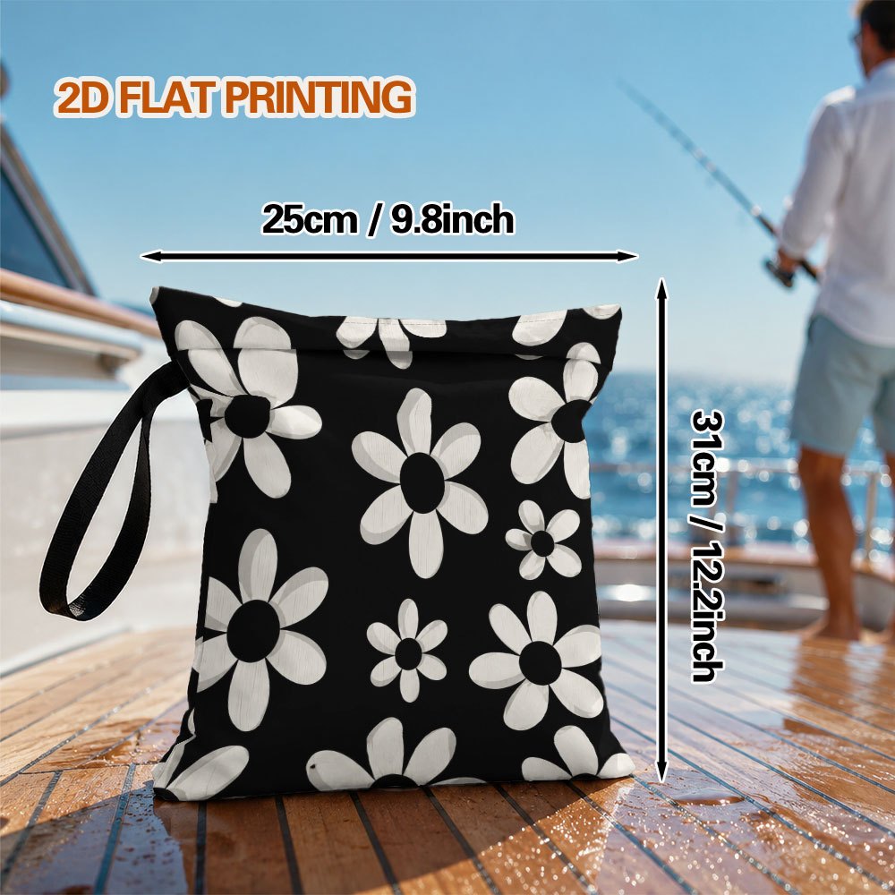 TEMU 2d Flat, 1pc Reusable Wet/dry Bag With Monochrome Retro Daisies Print, Portable Storage Pouch Organizer, Suitable For Shoes, Clothing Additions