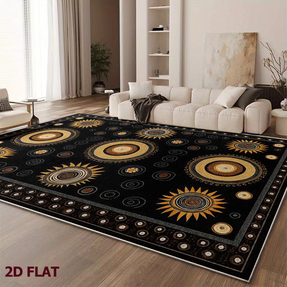 item picture velvet material and non slip plastic backing large size home decor carpet retro sun pattern black background with golden round   machine washable carpet suitable for living room study bedroom and front door