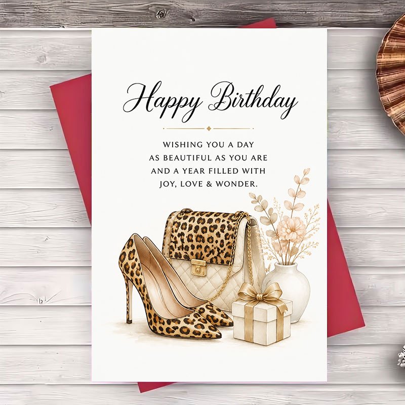 TEMU 1 Envelope And 1 Greeting Card Elegant Happy Birthday Greeting Card For Women Fashionable Leopard Print Design Flat Note Card For Best Friend
