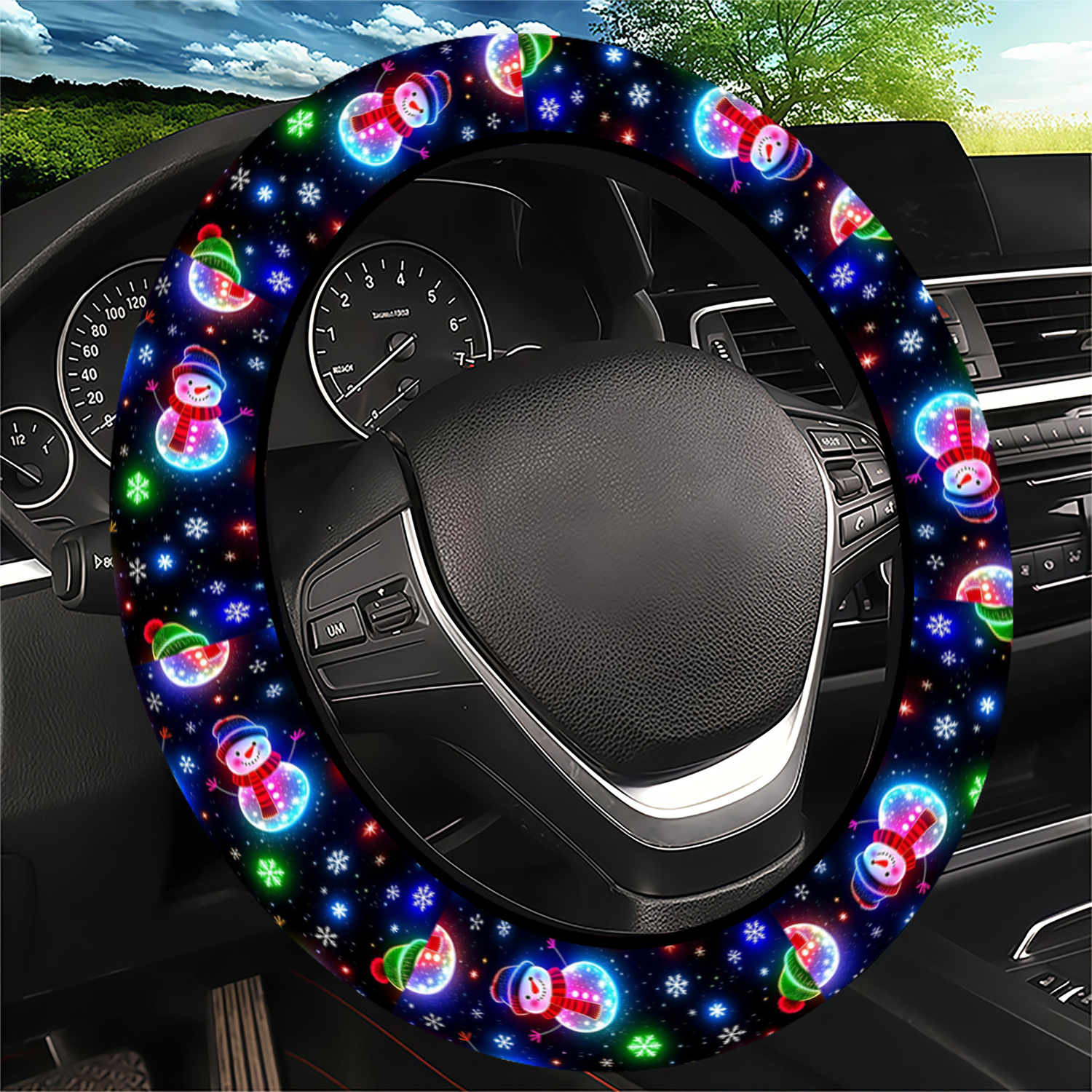 TEMU 1pc Glowing Snowman Snowflake Steering Wheel Cover, Durable And Stylish Design, Car Interior Additions For Women Men, No Required, Perfect For
