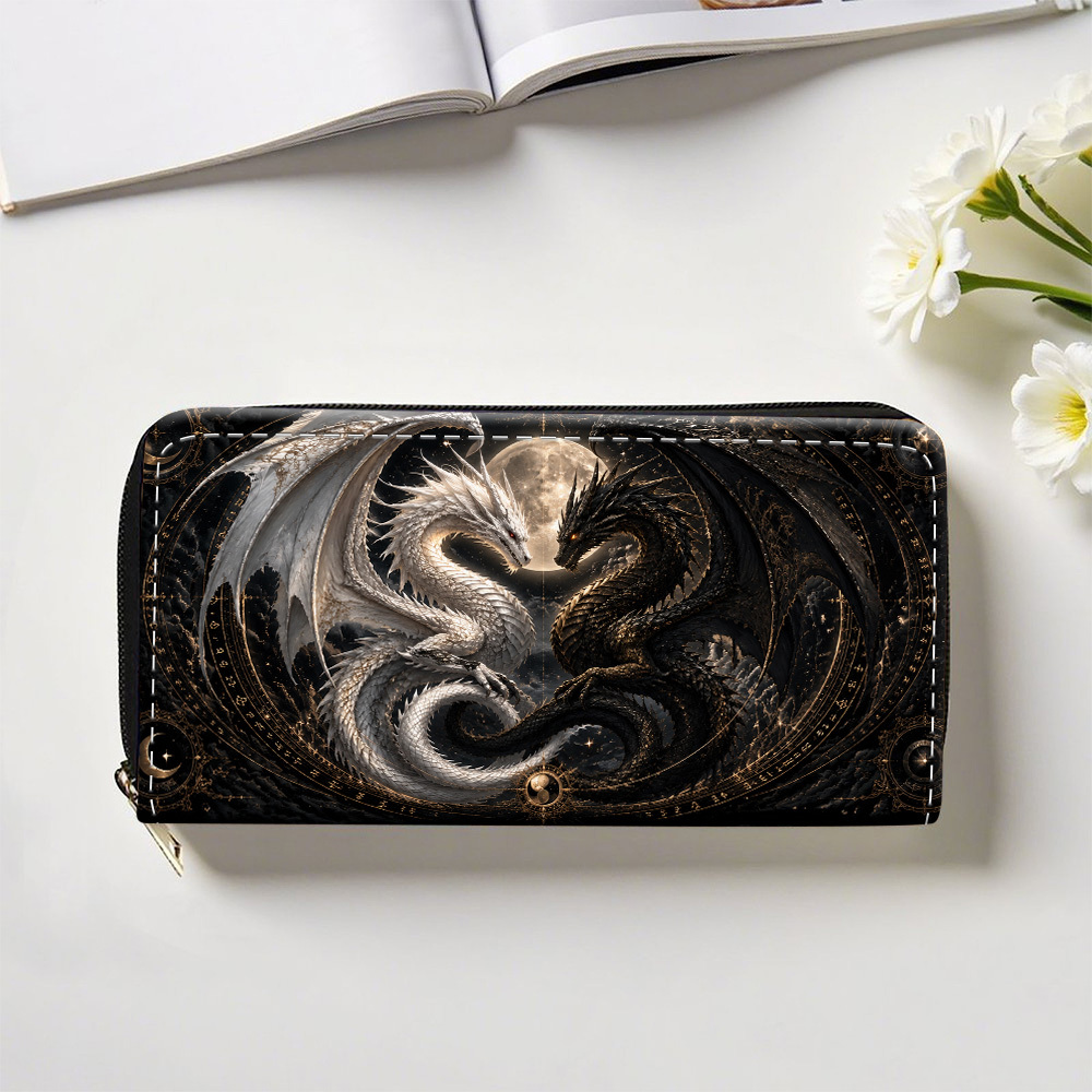 TEMU Dual Dragons Pattern Long Wallet With Zipper, Multifunctional Purse With Card Holder Card Slots And Coin Pouch, Trendy Zip Around Purse Wallet