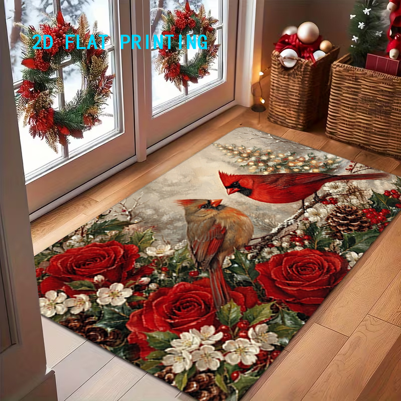 TEMU 1pc, 2d Flat Printing, Christmas Rose Print Entrance Door Mat, Foyer Mat, Non-slip Machine Washable Easy-to-clean Polyester Mat, Suitable For
