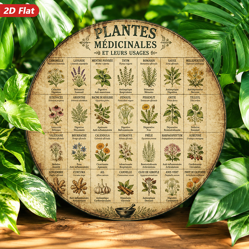 TEMU de plantes médicinales 2D plat, 1 pièce, panneau rond en métal, art mural, sur les plantes médicinales, décoration intérieure, illustrations de