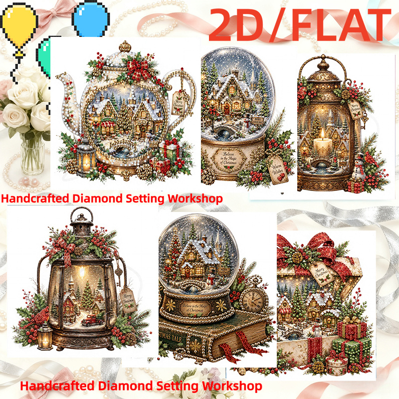 TEMU 6 stuks Kerst Sneeuwlandschap Kristallen Bol Retro Theepot Olie Lamp Geschenkdoos 2D Platte Diamant Schilderen Kaart Set, Winterstad Kerst Kunst