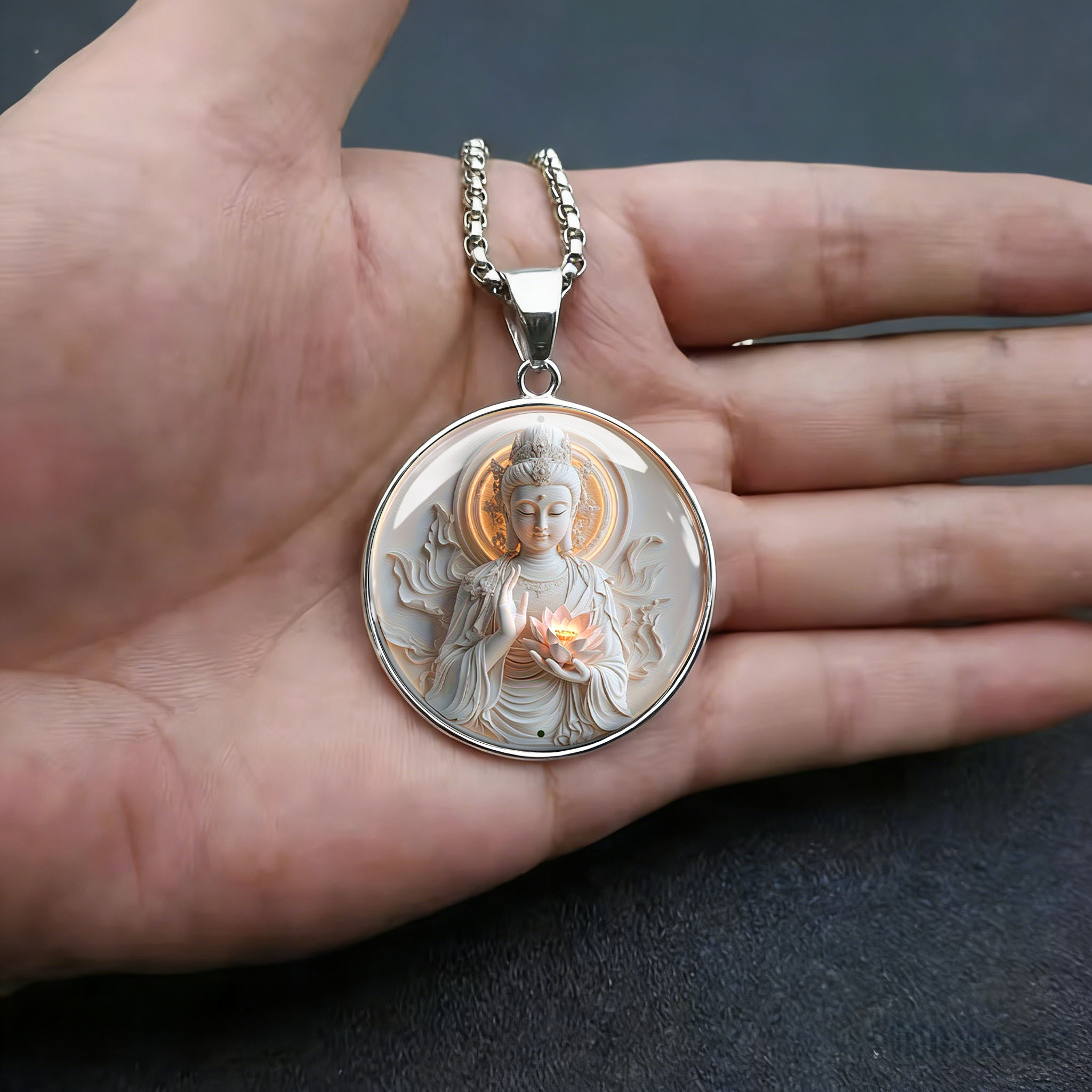 Exquisite Flat Guanyin Lotus Pattern Men's Stainless Steel Necklace