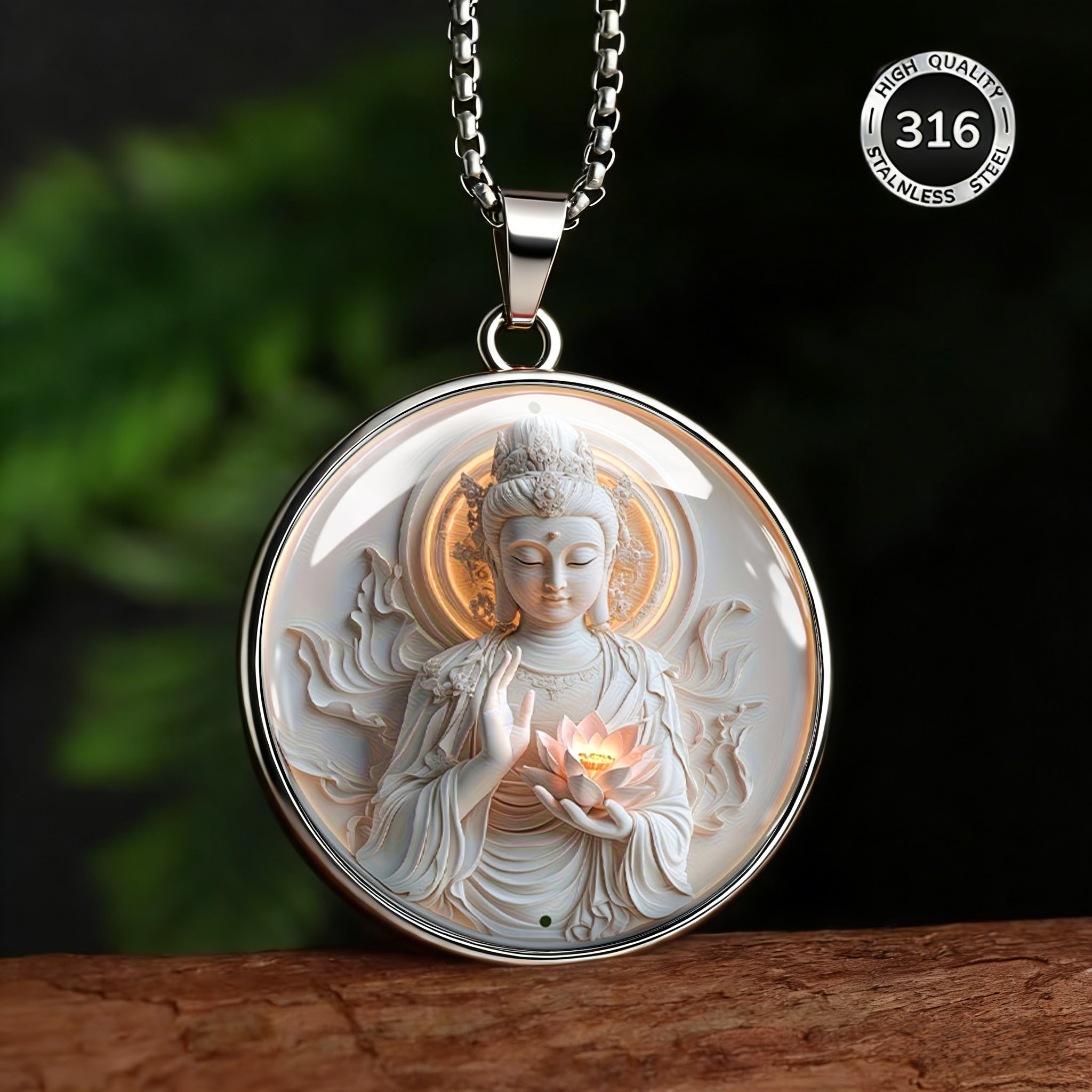 Exquisite Flat Guanyin Lotus Pattern Men's Stainless Steel Necklace