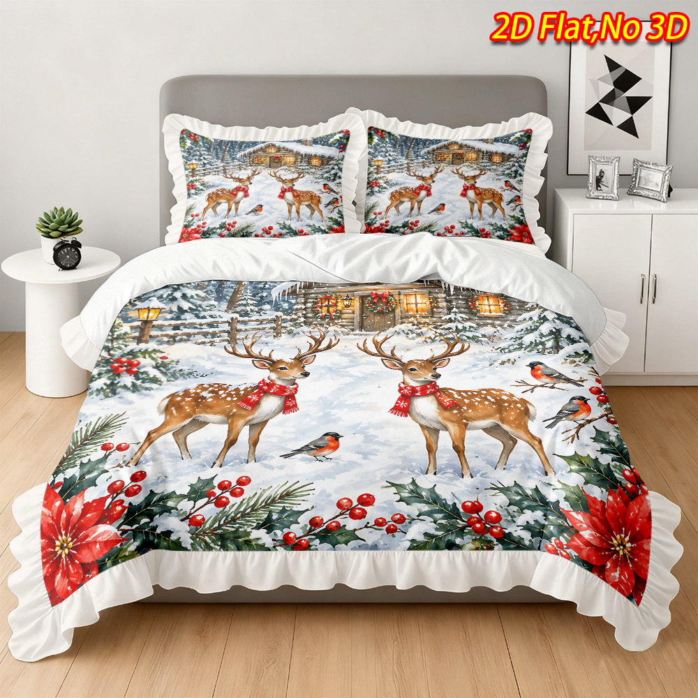 TEMU 2/3pcs 2d Flat Printing Christmas Reindeer Pattern Ruffle Design Duvet Cover Set (1pc Duvet Cover And 1/2pcs Pillowcases, No Filling) Christmas
