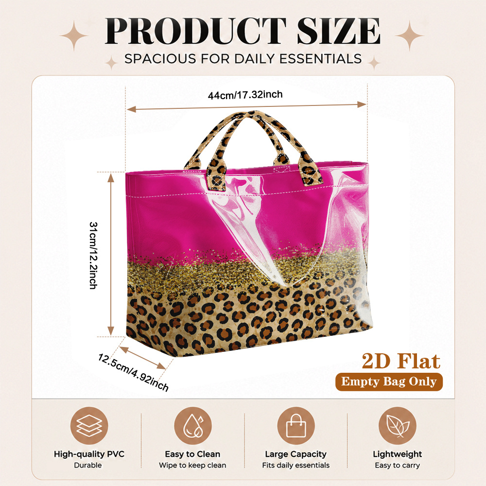 TEMU 1pc Telbreak Women's Pvc Tote Bag With Leopard Print & Glitter Suitable For , Stain-resistant Reusable Grocery Bag, Elegant Commuter Handbag For